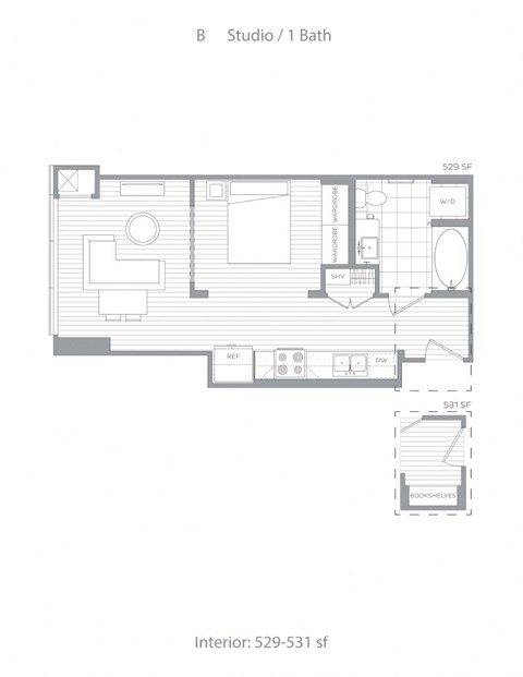 Floor plan for studio, 1 bath, 530 sqft
